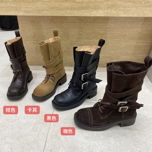 欧货站女鞋2025新款真皮厚底皮带扣马丁靴女英伦风短靴复古中筒靴
