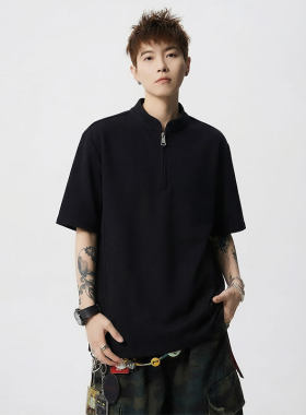 「设计师品牌」重磅半拉链亨利领短袖T恤宽松型上衣男T