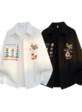 「设计师品牌」春款3D图大码立体花卉刺绣华夫格长袖衬衫