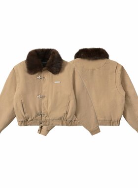 「设计师品牌」秋冬大毛领金属飞机扣水洗棉夹克