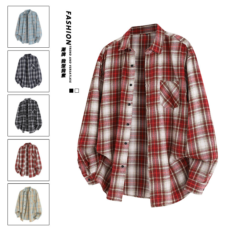 「设计师品牌」格子长袖衬衫男款潮牌复古翻领宽松衬衣上衣外套