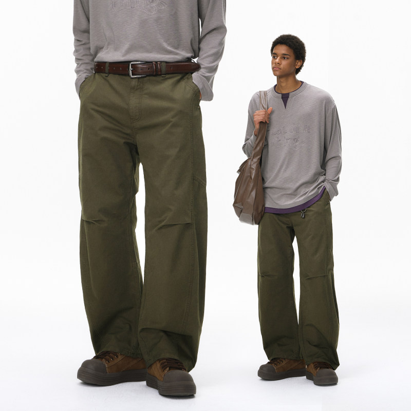 「设计师品牌」复古解构工装裤25秋季潮牌收褶剪裁宽松弯刀长裤男