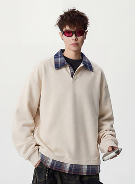 「设计师品牌」美式高街拼接卫衣长袖寸衫