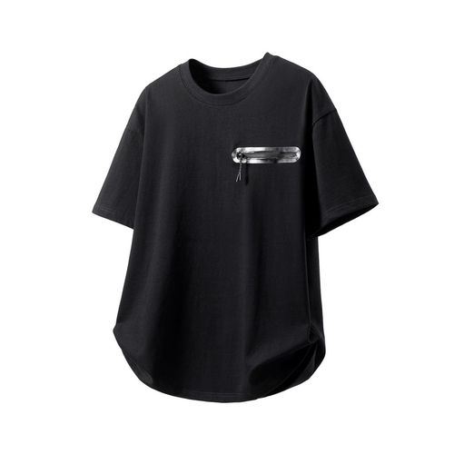 「设计师品牌」270克压胶拉链口袋M-5XL大码100%棉短袖T恤男