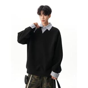 假两件翻领卫衣男女春秋新款美式宽松拼接Polo领休闲外套