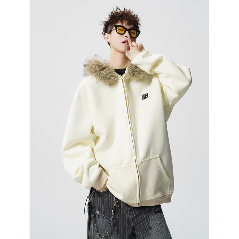 「设计师品牌」重磅毛领连帽卫衣男开衫外套