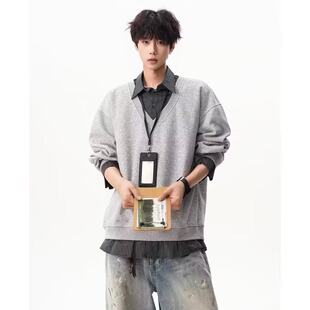 「设计师品牌」春季新款假两件拼接长袖卫衣Polo领上衣