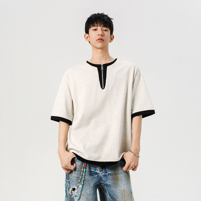 「设计师品牌」夏季假两件圆领金属拉链高街撞色拼接短袖纯色T恤