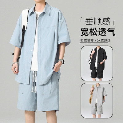 「设计师品牌」短袖衬衫短裤套装男宽松薄款透气休闲两件套TZ