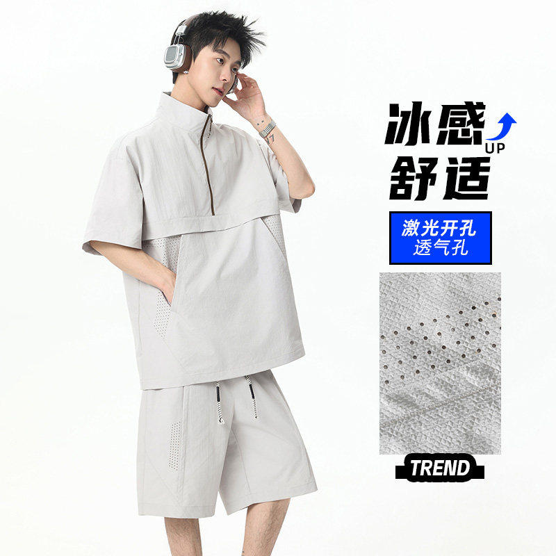 「设计师品牌」冰丝速干套装半拉链短袖男夏潮牌休闲短裤两件套TZ