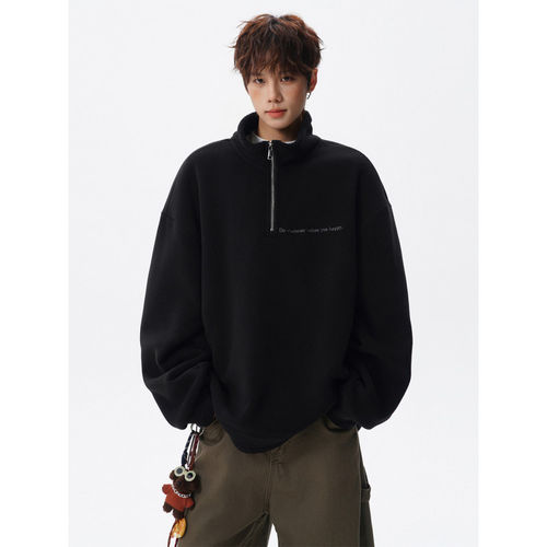 「设计师品牌」 重磅美式翻领大码立领绒感半拉链卫衣上衣外套