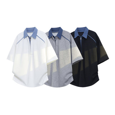 「设计师品牌」半拉链男款短袖T恤立领韩版领假两件重磅上衣