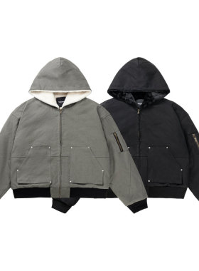 座山雕加绒加厚外套男cleanfit重磅帆布水洗棉服夹克