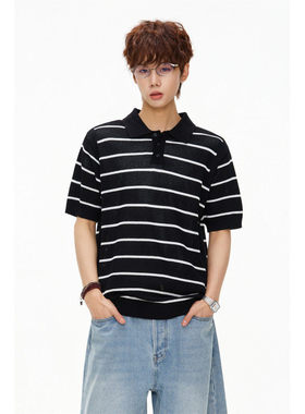 「设计师品牌」高品质清凉夏季翻领老钱风条纹针织衫短袖T恤