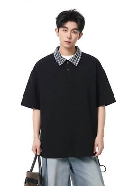 「设计师品牌」美式假两件POLO衫翻领格子衬衫领拼接短袖T恤