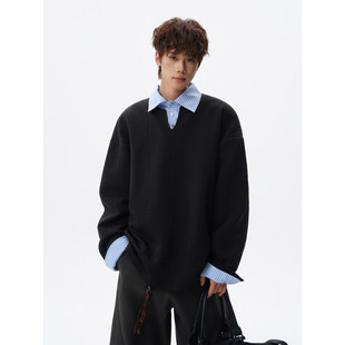 麦穗肌理感衬衫领拼条纹假两件卫衣大码上衣POLO衫外套