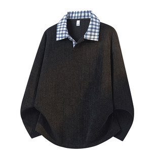 「设计师品牌」美式假两件格子翻领卫衣潮流宽松polo衫