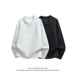 「设计师品牌」美式风亨利领卫衣男女纽扣装饰重磅长袖上衣百搭