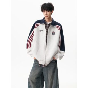 美式撞色三条杠开衫卫衣男女款秋冬拼接学院风外套情侣立领棒球服