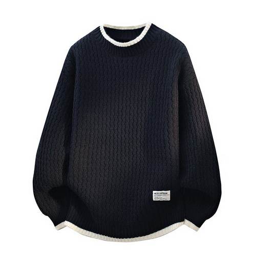 「设计师品牌」 秋冬新款撞色假两件波浪纹提花圆领针织毛衣男