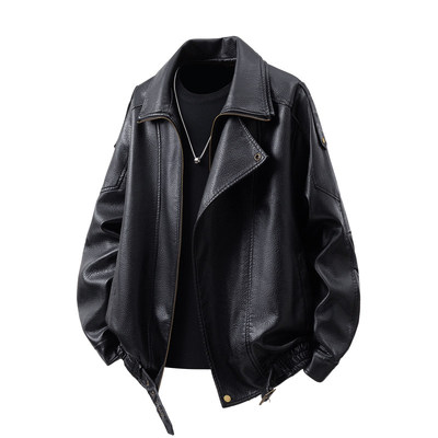 「设计师品牌」荔枝纹高端双层领廓形设计大码M-5XL机车皮衣