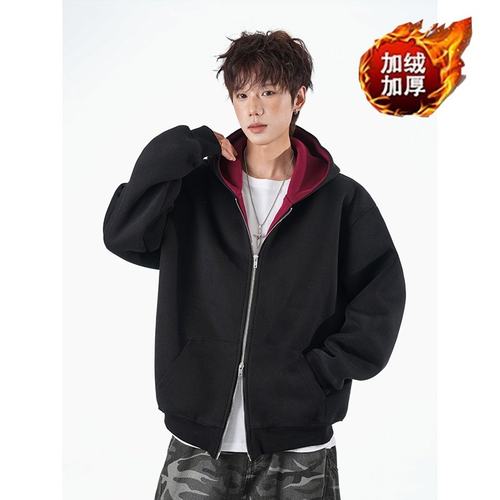 「设计师品牌」加绒加厚冬款男女连帽卫衣拼接宽松保暖外套