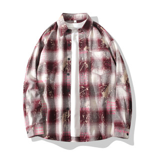 「设计师品牌」秋季美式复古格子衬衫男长袖潮牌痞帅宽松休闲衬衣