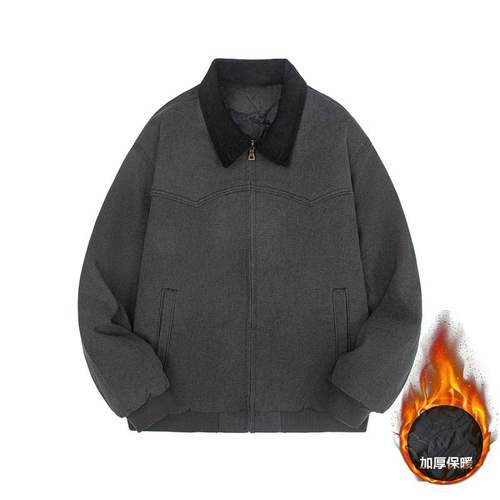 「设计师品牌」加绒牛仔棉服男冬季棉衣外套羊羔绒加厚毛领外套