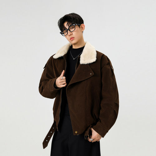 「设计师品牌」2026冬季新款麂皮绒加厚翻领拼接棉衣