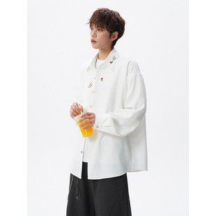 春夏新中式花卉刺绣长袖衬衫大码高级垂感国风痞帅衬衣