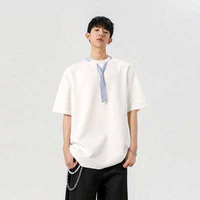 「设计师品牌」条纹衬衫领巾圆领短袖T恤夏季打底衫五分袖背心T