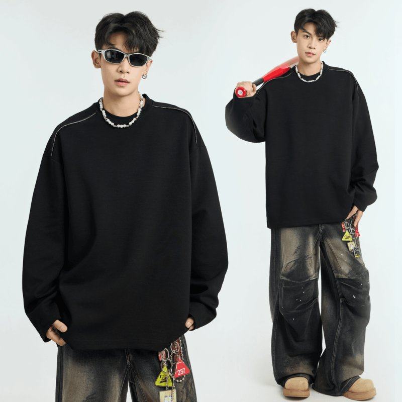 「设计师品牌」320g重磅正肩卫衣小领口拉链装饰长袖T恤衫男