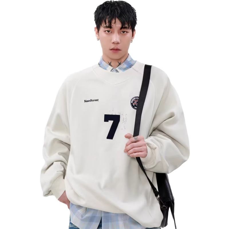 「设计师品牌」脏染运动球服卫衣男插肩长袖t恤工装休闲棒球上衣