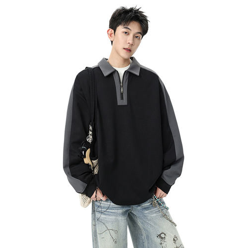 「设计师品牌」秋季外穿上衣韩版宽松翻领套头男潮牌INS拼色外套