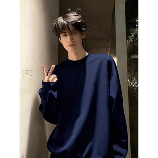 美式重磅藏青色卫衣男生春季纯棉小领口长袖t恤基础款内搭打底衫