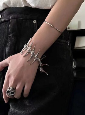 欧美个性银色荆棘角刺鱼骨手链 情侣时尚嘻哈朋克手环饰品批发