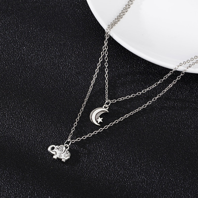 古银色小象星星月亮吊坠项链欧美民族复古风饰品