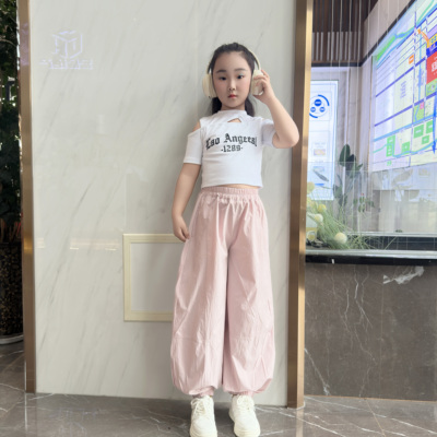 女童裤子夏季休闲裤轻薄长裤中童裤子气球裤收口多巴胺彩色裤子女