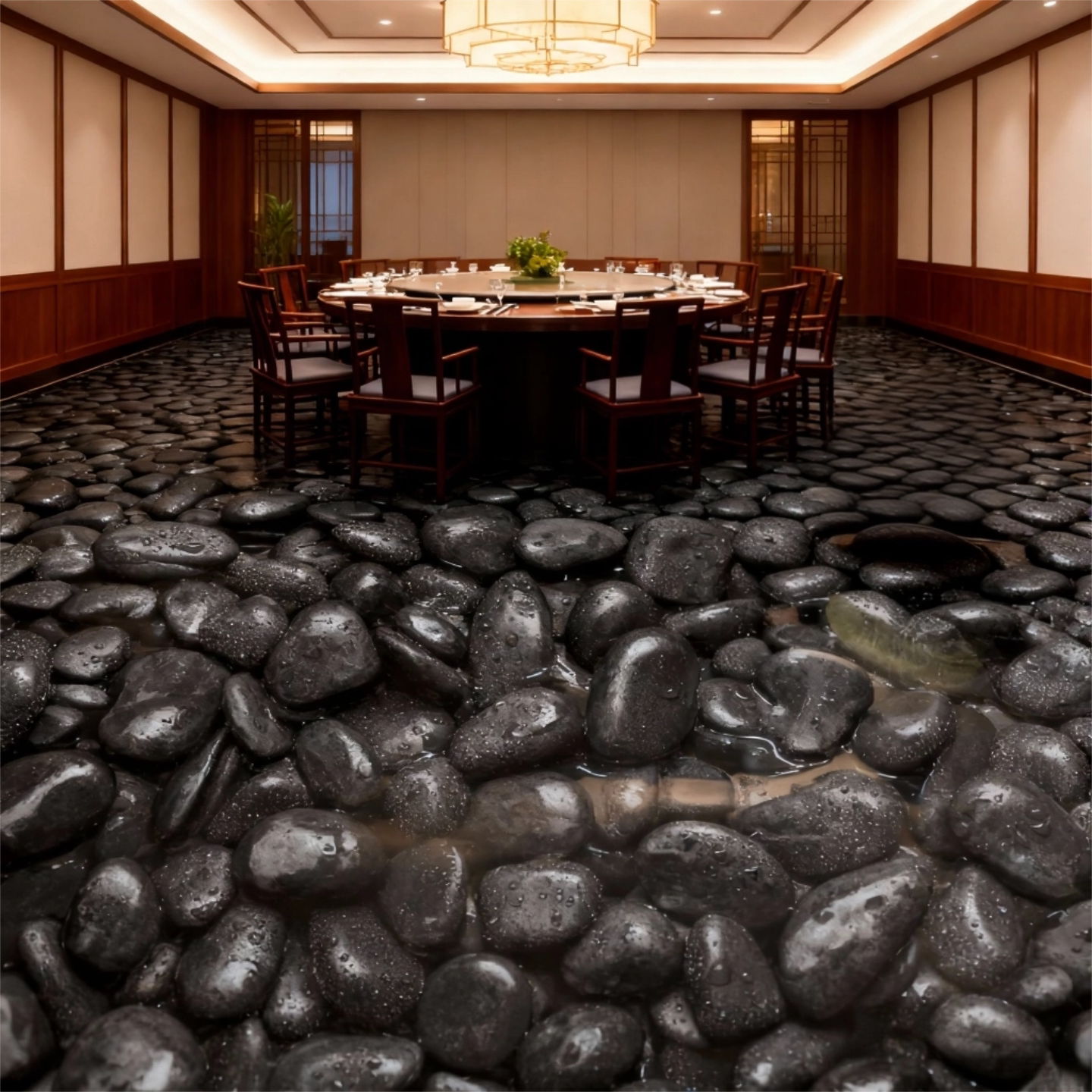 定做3D立体地板革宾馆饭店餐厅地板贴PVC自粘地板仿地毯鹅卵石