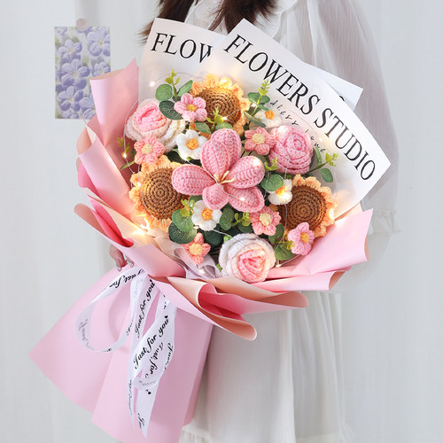 向日葵玫瑰花钩针毛线花仿真花束
