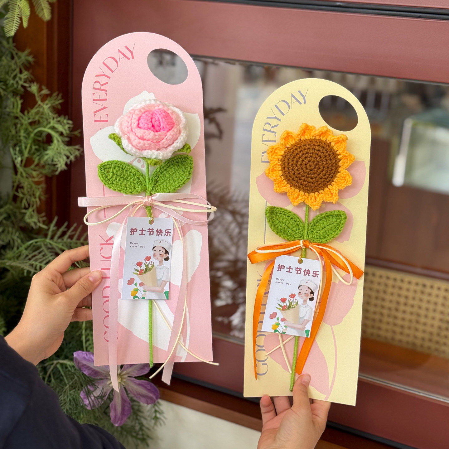 护士节送医院员工仿真花手工钩织祝福贺卡玫瑰康乃馨花束创意礼物