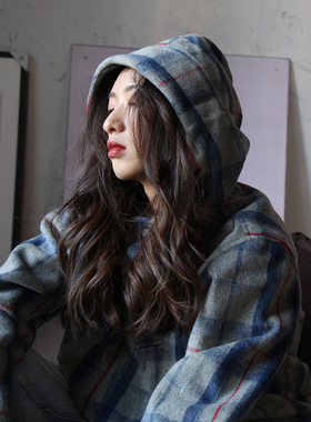 SKRM & SOSER灰蓝色格子毛呢连帽卫衣情侣休闲宽松复古套头帽衫男