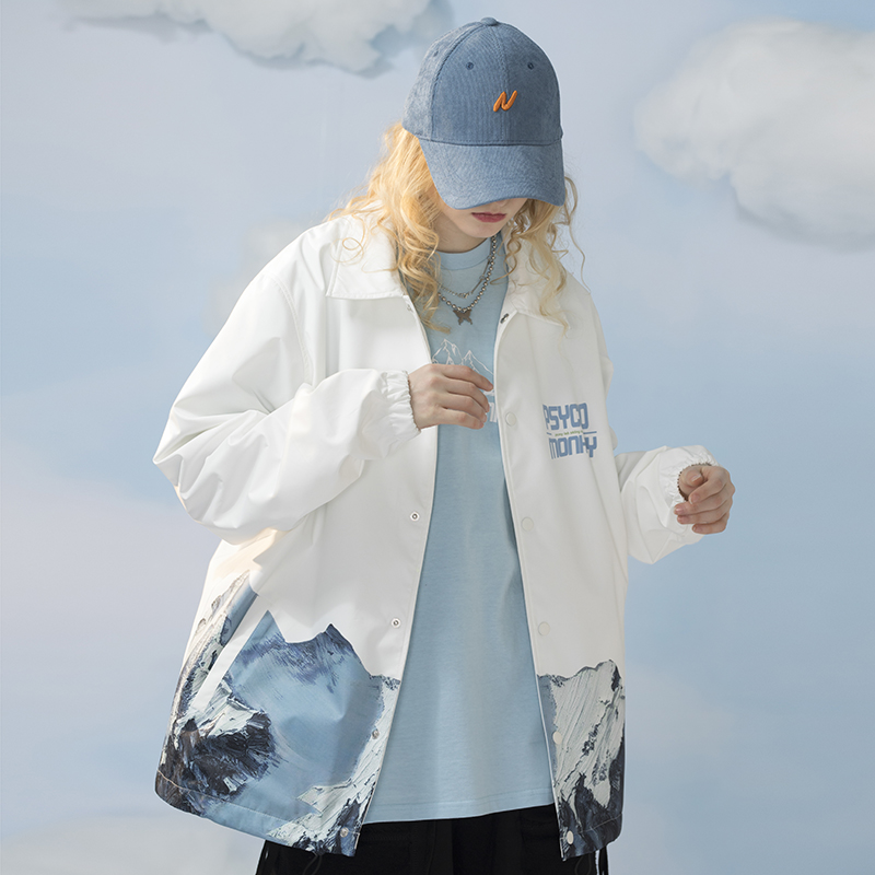 雪山印花教练夹克日系翻领外套男