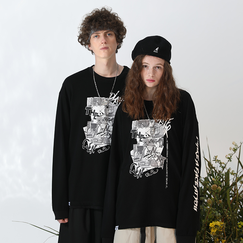 叉叉人黑白排版长袖T恤打底衫男