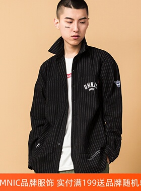 SKRM & DMNIC复古条纹黑色口袋长袖衬衫宽松休闲港风日系衬衣外套