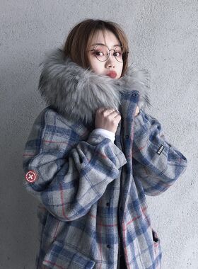 SKRM & SOSER灰蓝格子毛呢座山雕情侣宽松兔绒毛领大衣棉服外套男