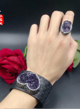 天然紫晶簇戒指情侣款活口