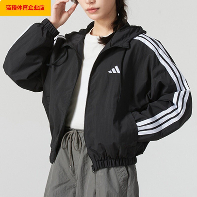 阿迪达斯黑色短款外套女装春季新款连帽运动服休闲上衣夹克JZ2162