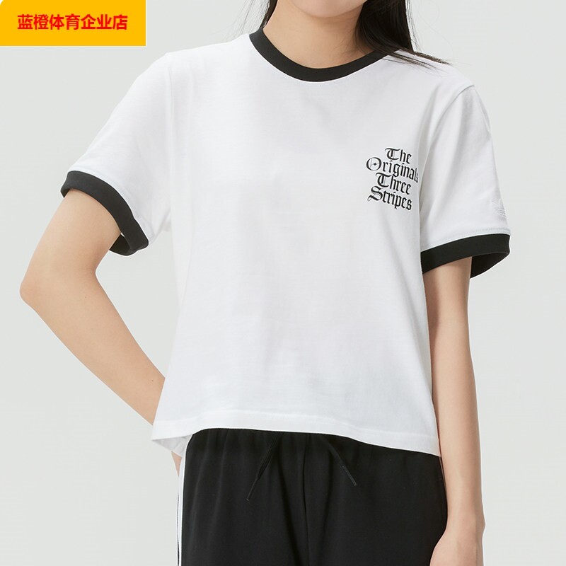 阿迪达斯正品三叶草女士圆领半截袖字母印花短袖T恤KT3060