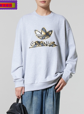 阿迪达斯三叶草灰色圆领卫衣男2025秋季新款宽松休闲运动服KC0117
